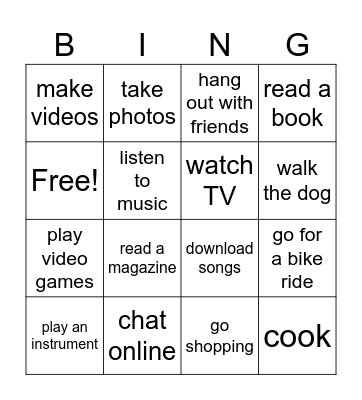 Leisure activity Bingo Card