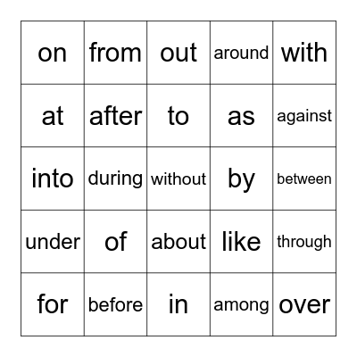 PREPOSITION BINGO Card