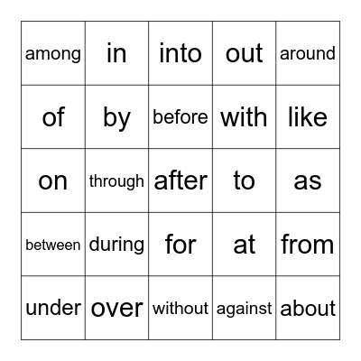 PREPOSITION BINGO Card