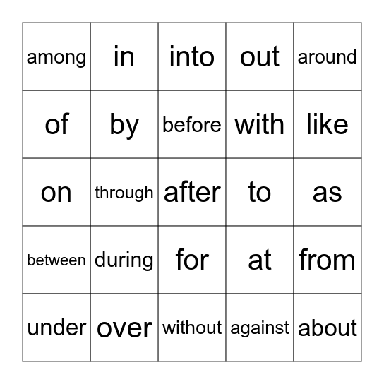 PREPOSITION BINGO Card