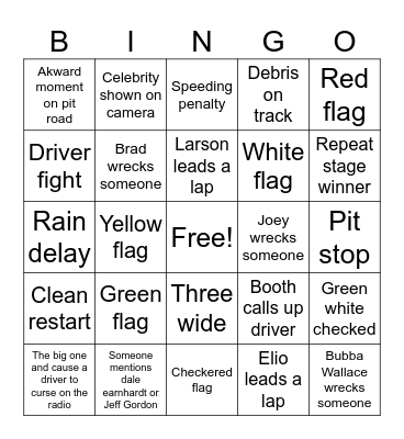 Daytona 500 25 Bingo Card