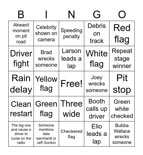 Daytona 500 25 Bingo Card