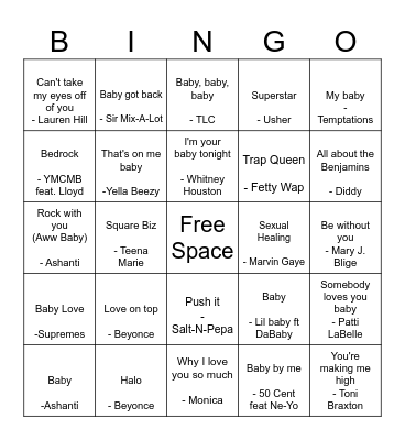 Baby Shower Song Bingo Card