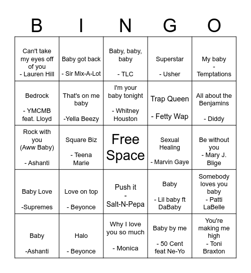Baby Shower Song Bingo Card