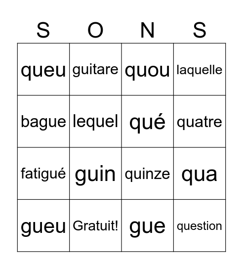 BINGO DES SYLLABES GU QU Bingo Card