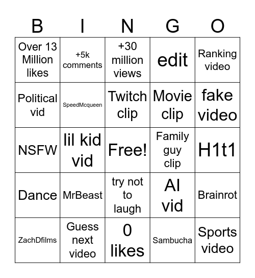 YT shorts bingo Card