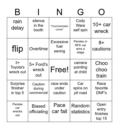 Daytona 500 Bingo Card