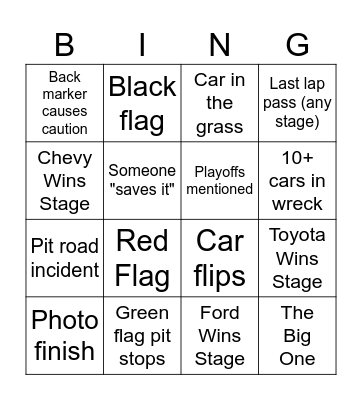 NASCAR Bingo Card