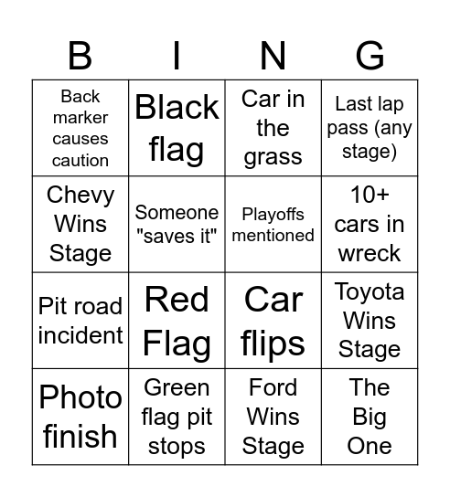 NASCAR Bingo Card