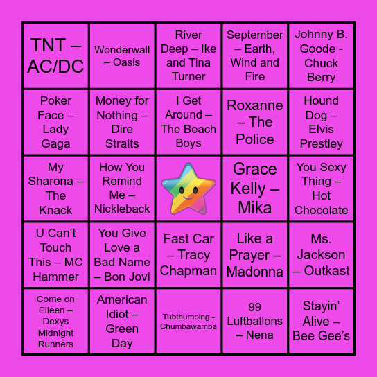 Musical Bingo Card