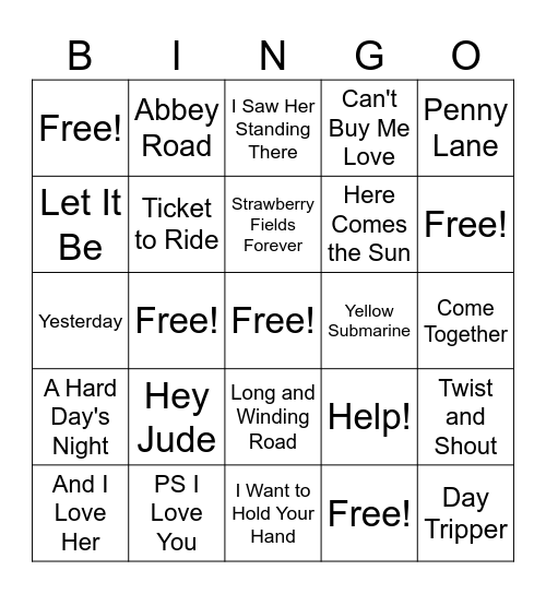 Beatles Bingo Card