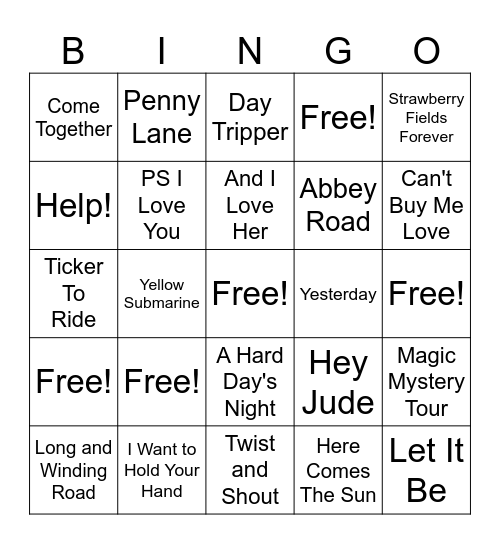 Beatles Bingo Card