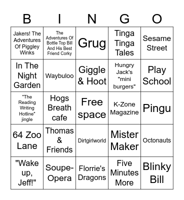 Australian Nostalgia Bingo Card