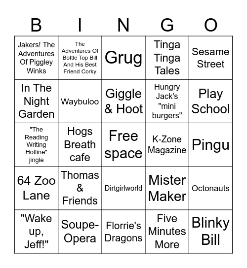 Australian Nostalgia Bingo Card