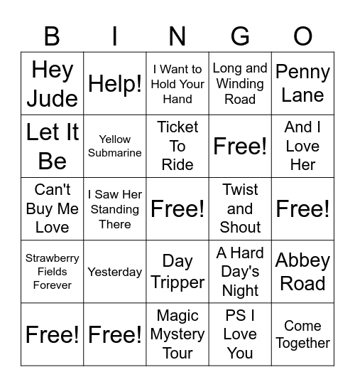 Beatles Bingo Card