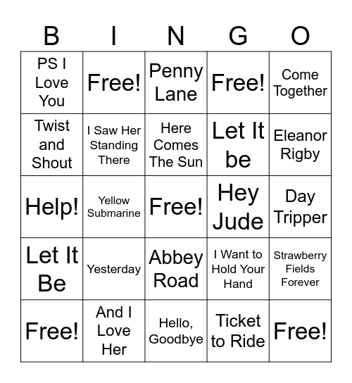 Beatles Bingo Card