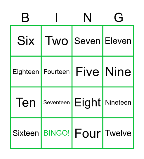NUMBERS BINGO Card