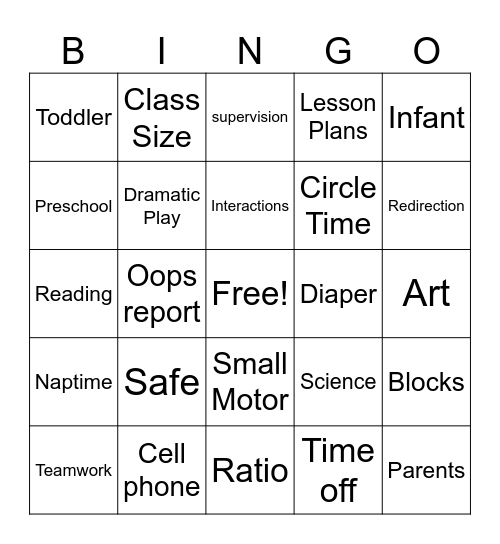 Childcare Bingo Card