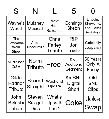 SNL 50th Anniversary Special Bingo Card