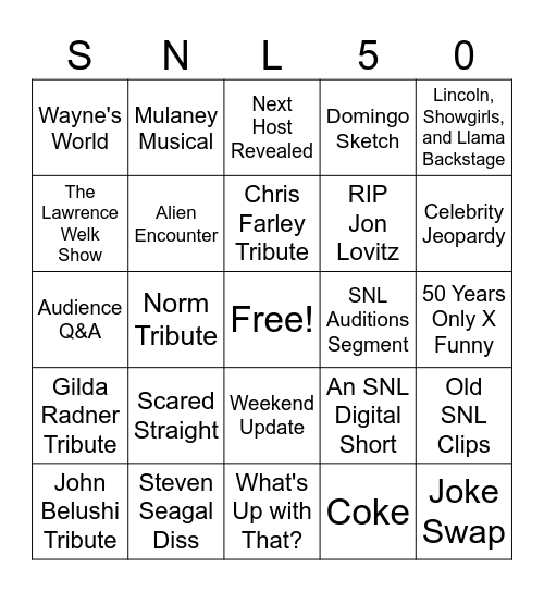 SNL 50th Anniversary Special Bingo Card
