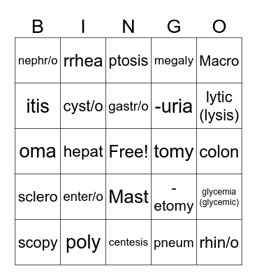 Medical Terminology Bingo Card