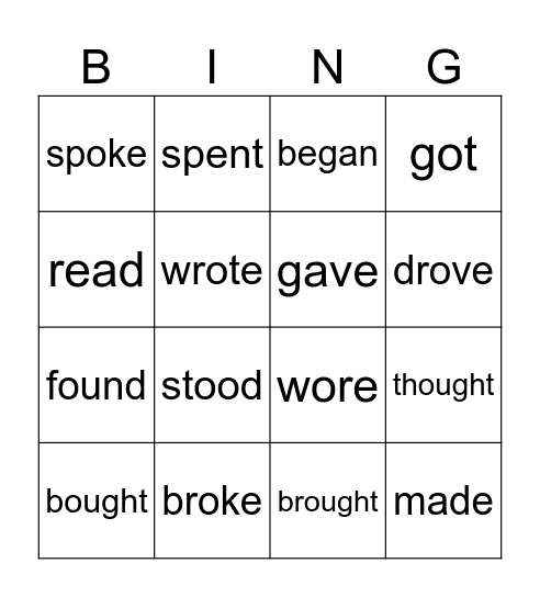 PAST VERBS BINGO Card