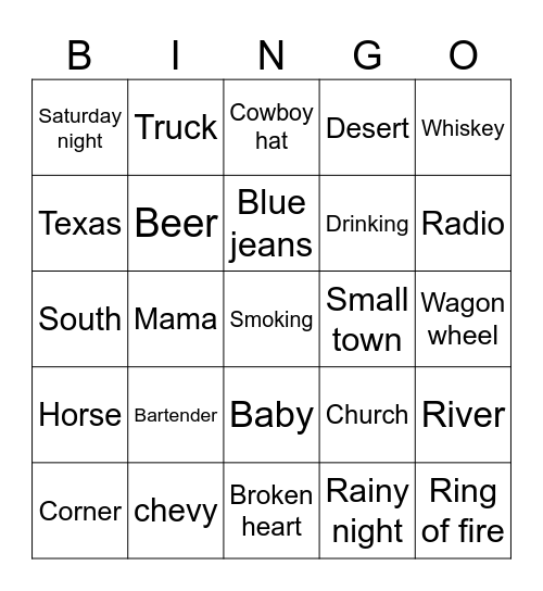 Country music Bingo Card