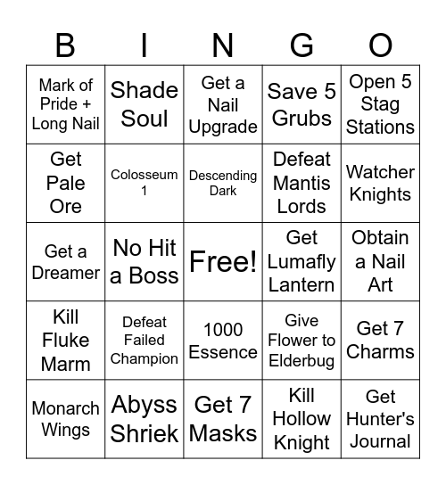 Hollow Knight Bingo Card