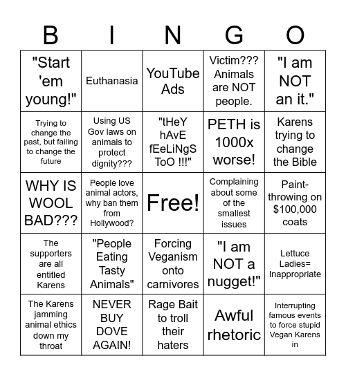PETA Snark! Bingo Card