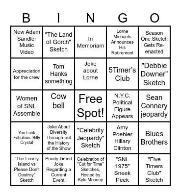Saturday Night Live 50th Anniversary Predictions Bingo Card