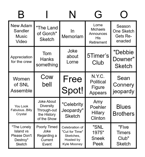Saturday Night Live 50th Anniversary Predictions Bingo Card