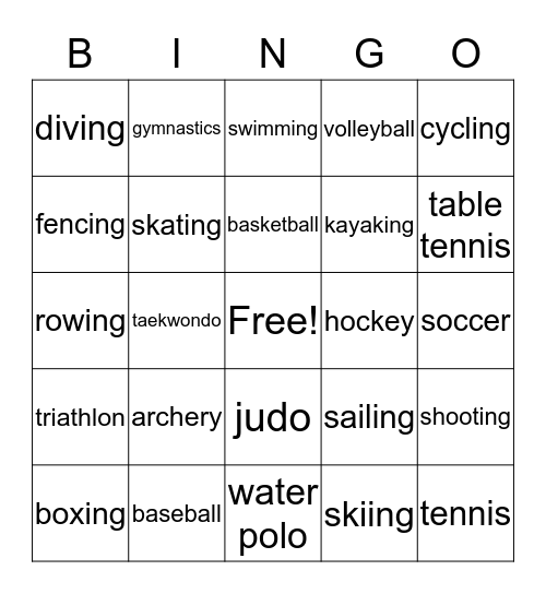 Olympics Bingo Card