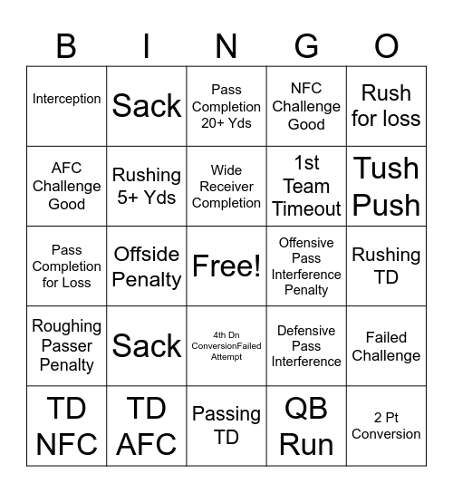 Super Bowl Bingo Card