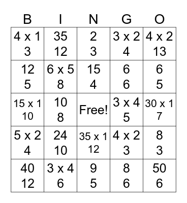 Fraction Bingo Card