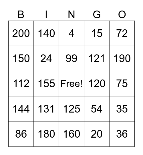 Bingo 5 by 5 1-200 Bingo Card