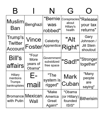 2016 Presidential Debate Bingo Card