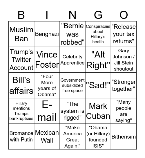 2016 Presidential Debate Bingo Card