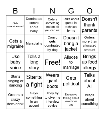 Dinner Bingo Card