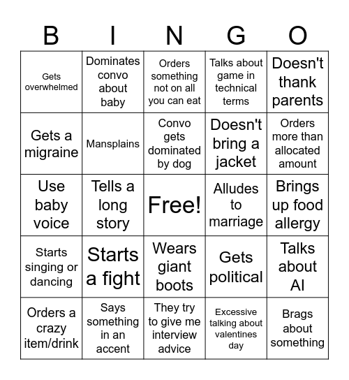 Dinner Bingo Card