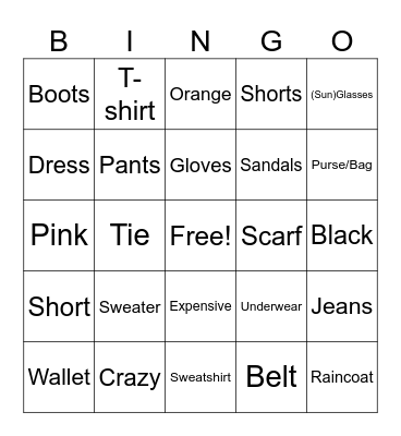 Eng Unit 4 Clothing, adj. and colors Bingo Card