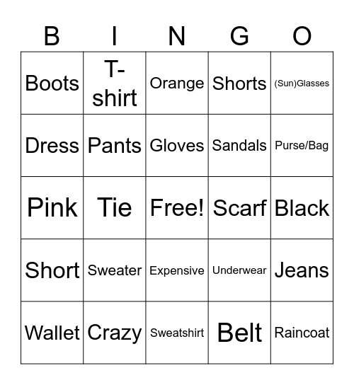 Eng Unit 4 Clothing, adj. and colors Bingo Card