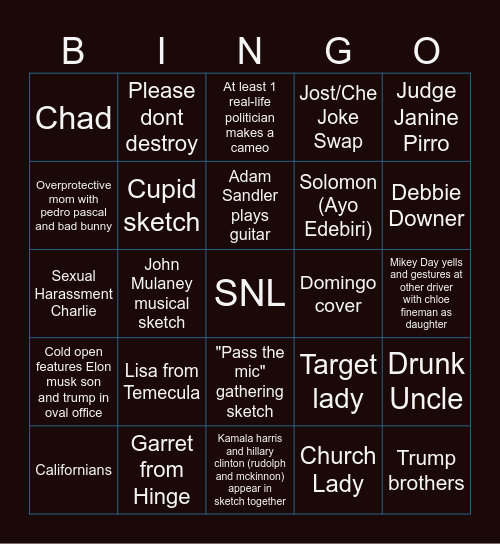 SNL 50 Predictions Bingo Card