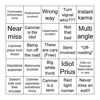 Idiots in Cars Bingo Card