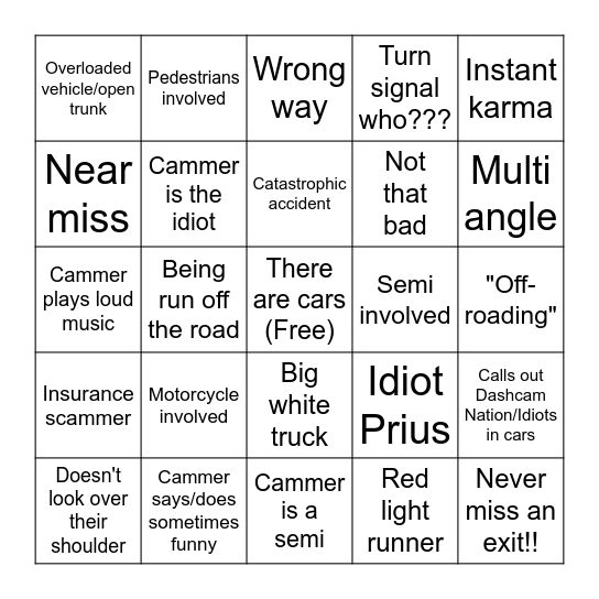 Idiots in Cars Bingo Card