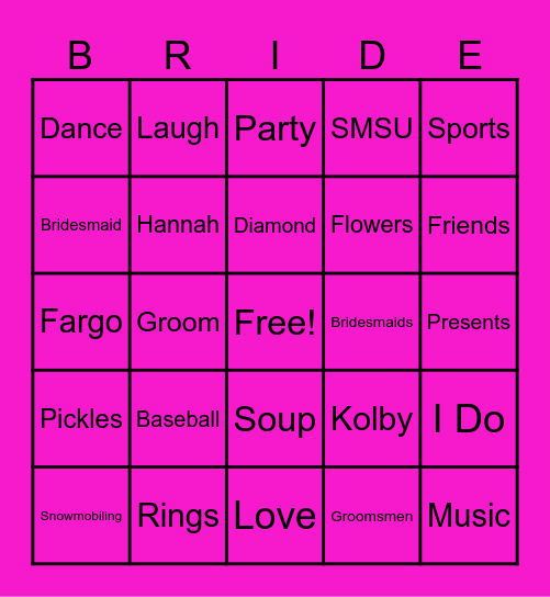 Hannah's Bridal Shower Bingo Card