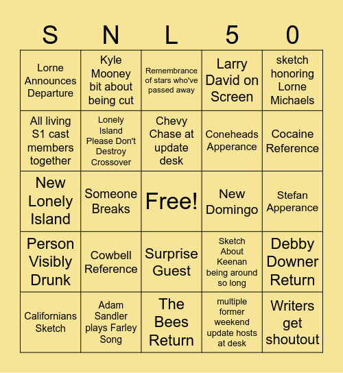 SNL Bingo Card