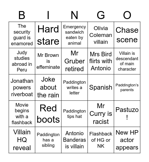 Paddington in Peru Bingo Card