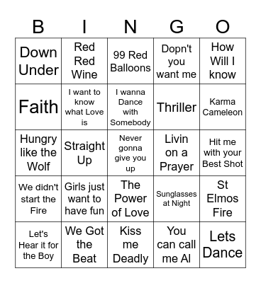 80's Music Bingo Card