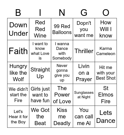 80's Music Bingo Card