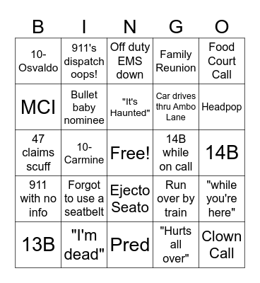 NoPixel EMS Bingo Card